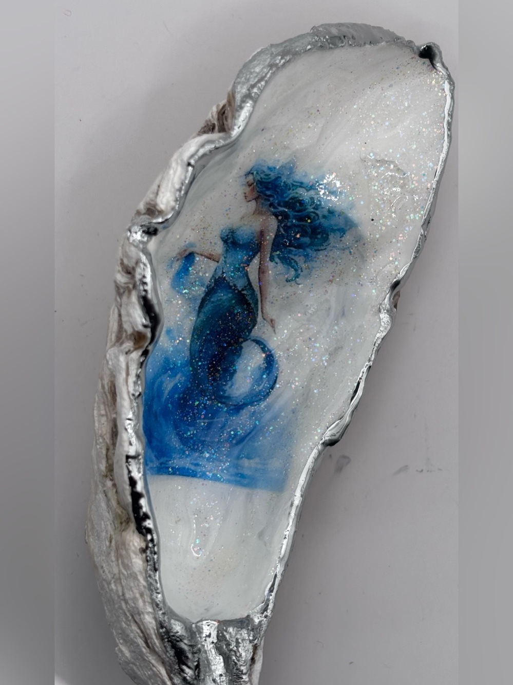 Blue Mermaid Resin Oyster Shell Trinket Dish- Handcrafted Home Decor - Picture 3 of 4